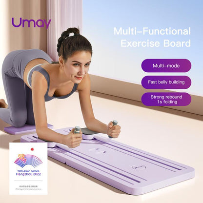Woman using a purple multi-functional ab exercise board at home doing plank with foam handles for core training