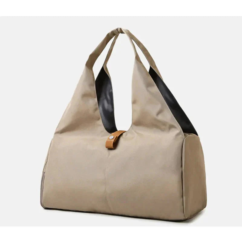 HealthyRealLife women's waterproof gym bag beige tote with dual handles black lining button strap closure