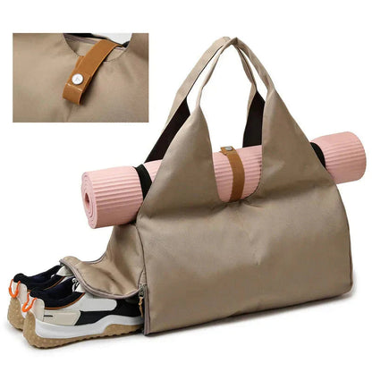 HealthyRealLife women's waterproof gym bag beige duffel with yoga mat strap and zippered shoe compartment