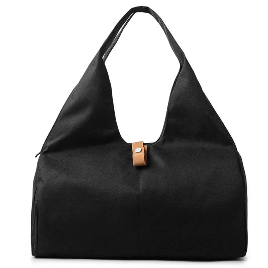 HealthyRealLife women's waterproof gym bag black large tote with wide shoulder strap and leather tab closure