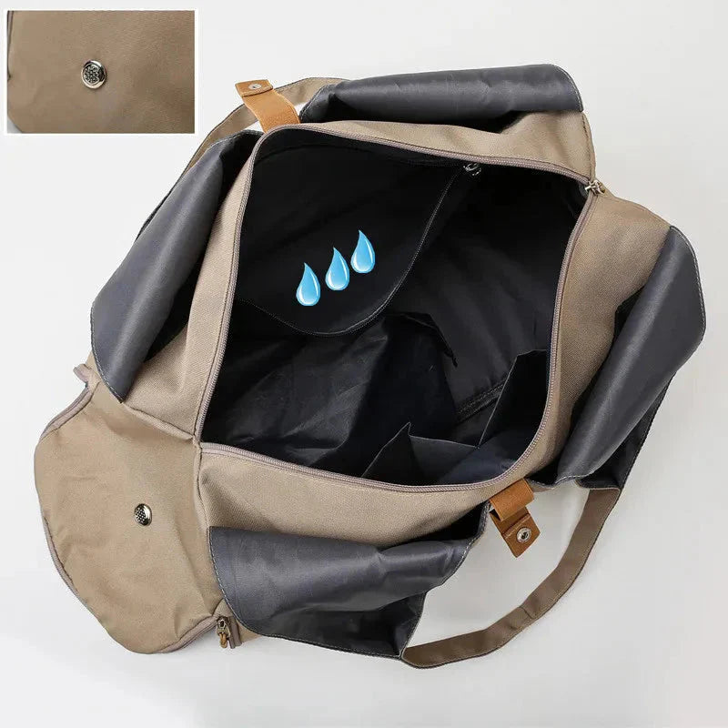 HealthyRealLife women's waterproof gym bag tan black open tote showing waterproof lined interior pocket and snap closure