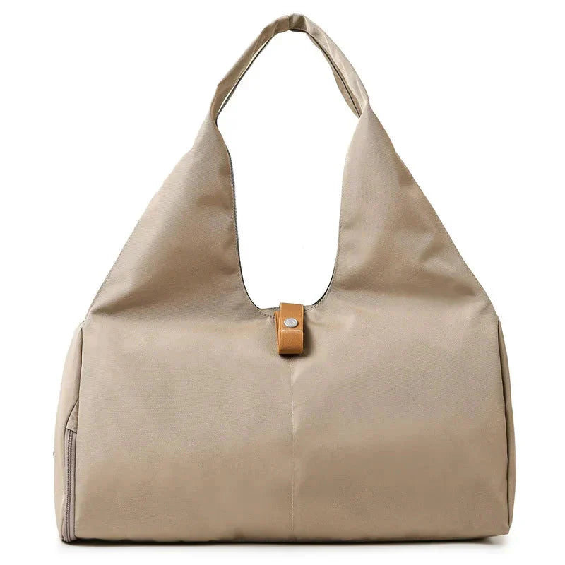 HealthyRealLife beige shoulder tote women's waterproof gym bag with snap closure and side zip pocket