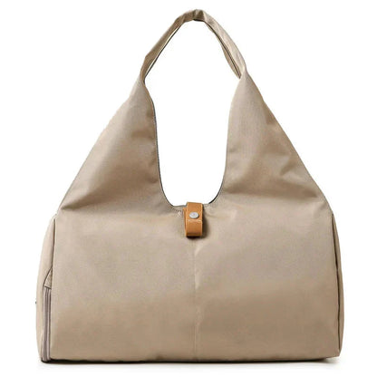 HealthyRealLife beige shoulder tote women's waterproof gym bag with snap closure and side zip pocket