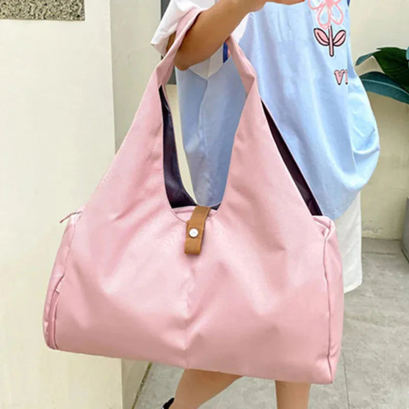 HealthyRealLife women's waterproof gym bag pastel pink shoulder tote with snap strap closure roomy interior for gym travel