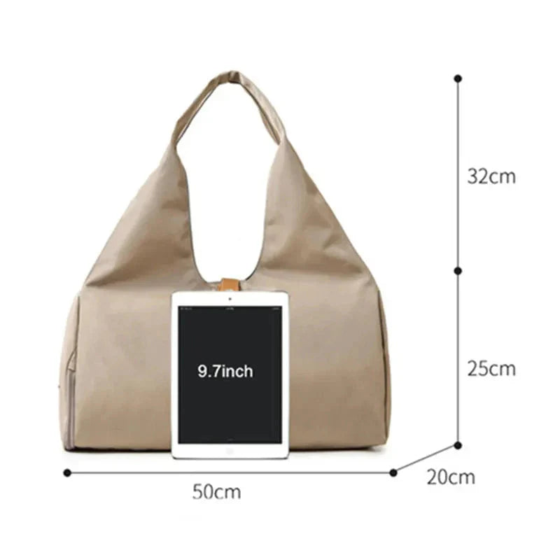HealthyRealLife beige women's waterproof gym bag shoulder tote with roomy interior and tablet pocket