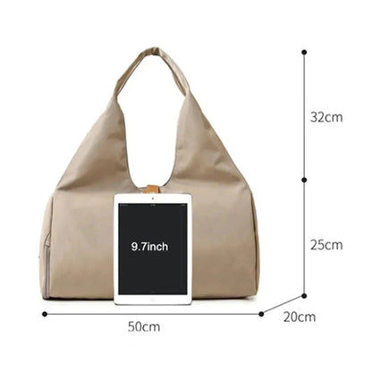HealthyRealLife beige women's waterproof gym bag shoulder tote with roomy interior and tablet pocket