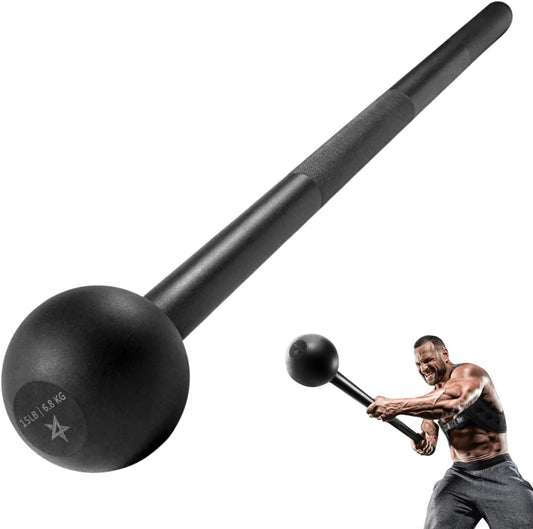HealthyRealLife black steel mace with textured handle and round bell used by athlete steel mace bell for strength training