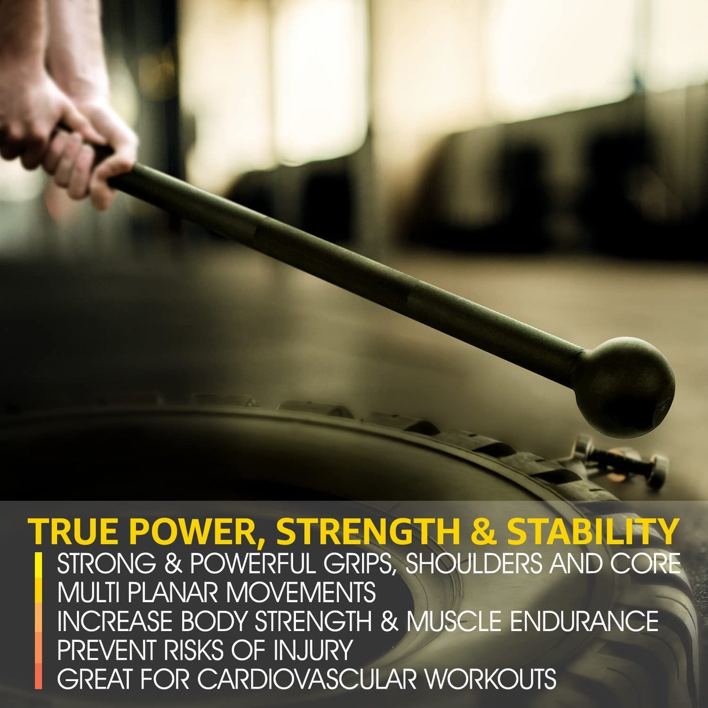 HealthyRealLife steel mace bell for strength training held over a tire with textured grip and long handle