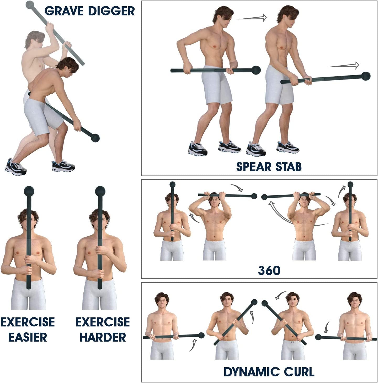 HealthyRealLife steel mace bell for strength training demonstration showing grave digger spear stab 360 dynamic curl