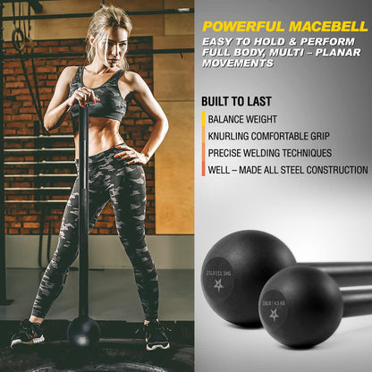 Woman in gym holding a black macebell with long handle and round head steel mace bell for strength training