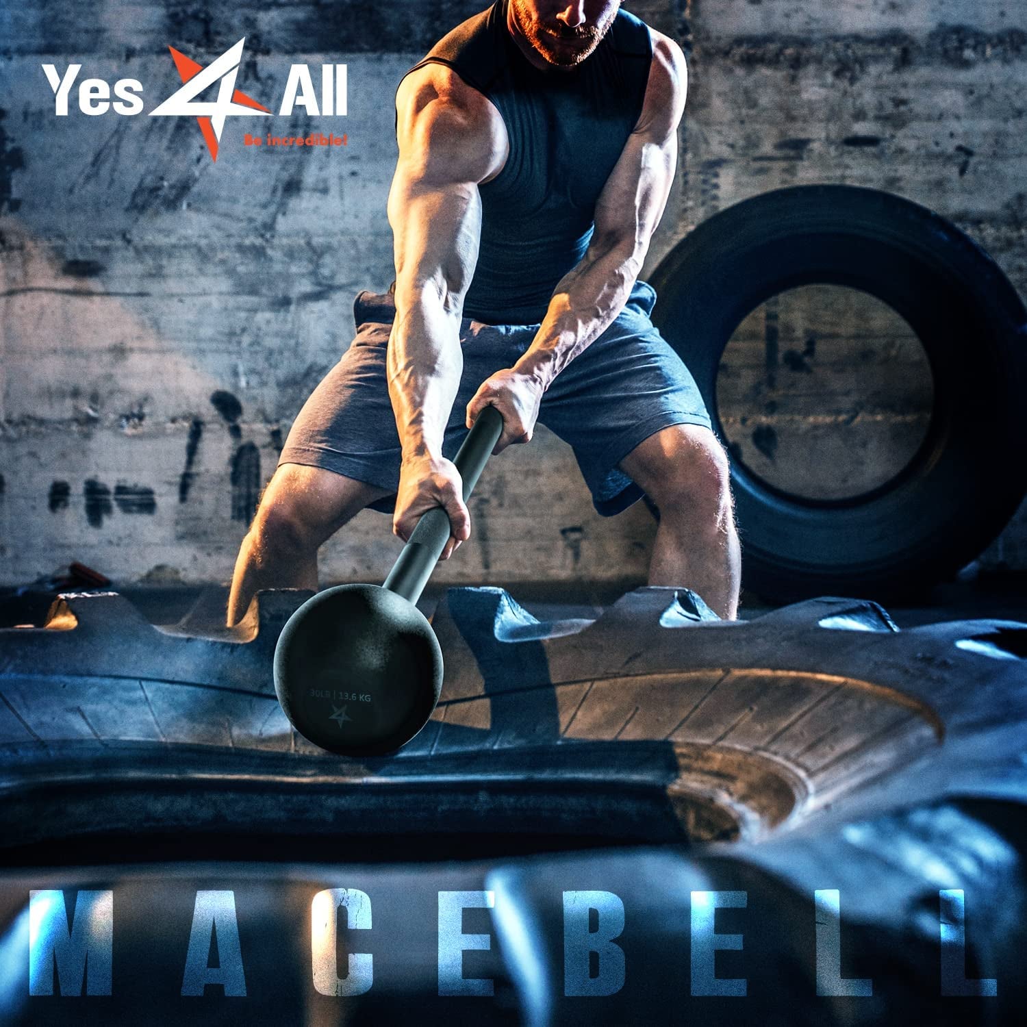 Athletic man swinging a steel mace bell for strength training over a large tire in a gym