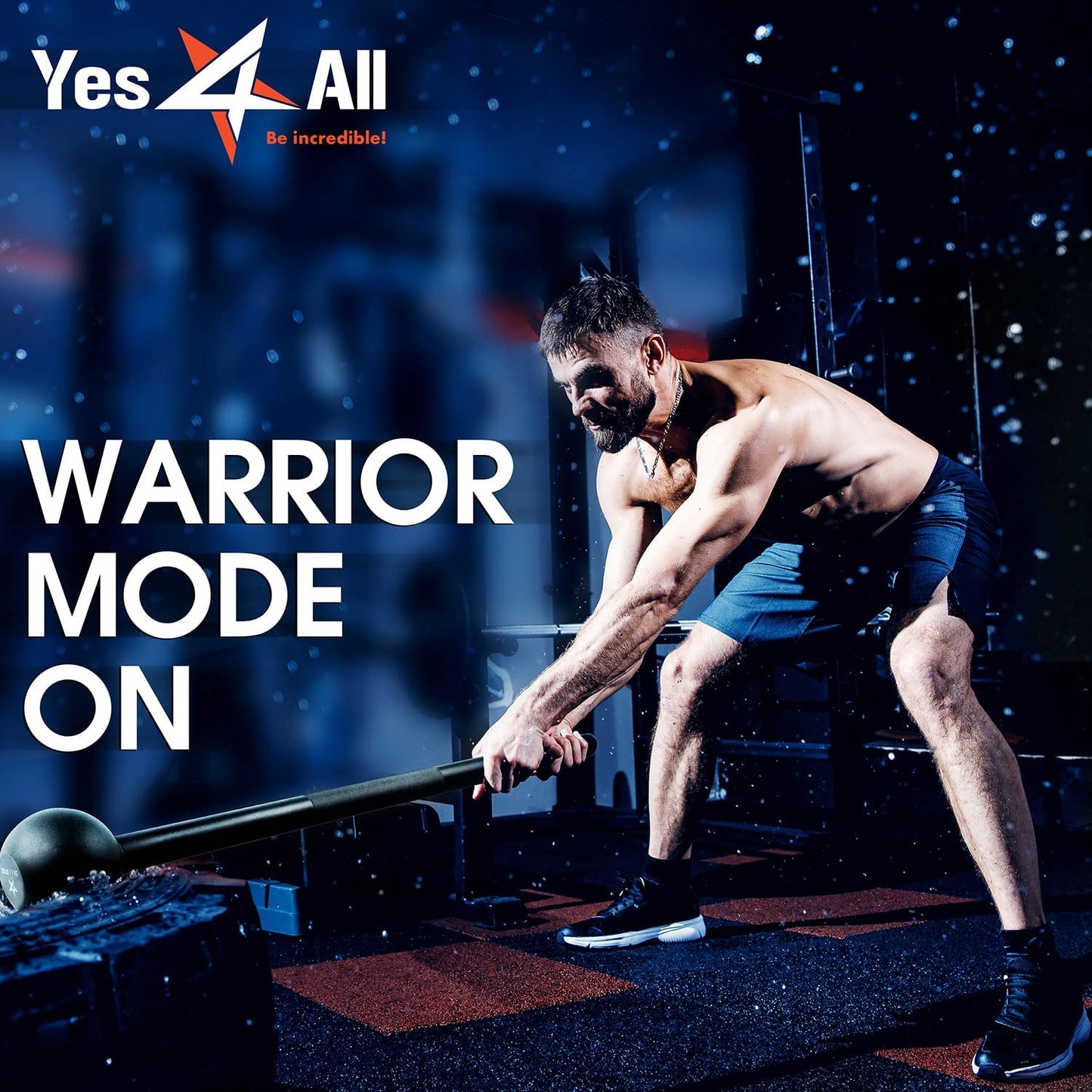 Muscular man swinging steel mace bell for strength training in gym with Warrior Mode On text
