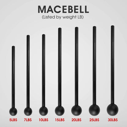 HealthyRealLife lineup of black macebells 5 to 30 LBS showing long handles and round heads steel mace bell for strength training